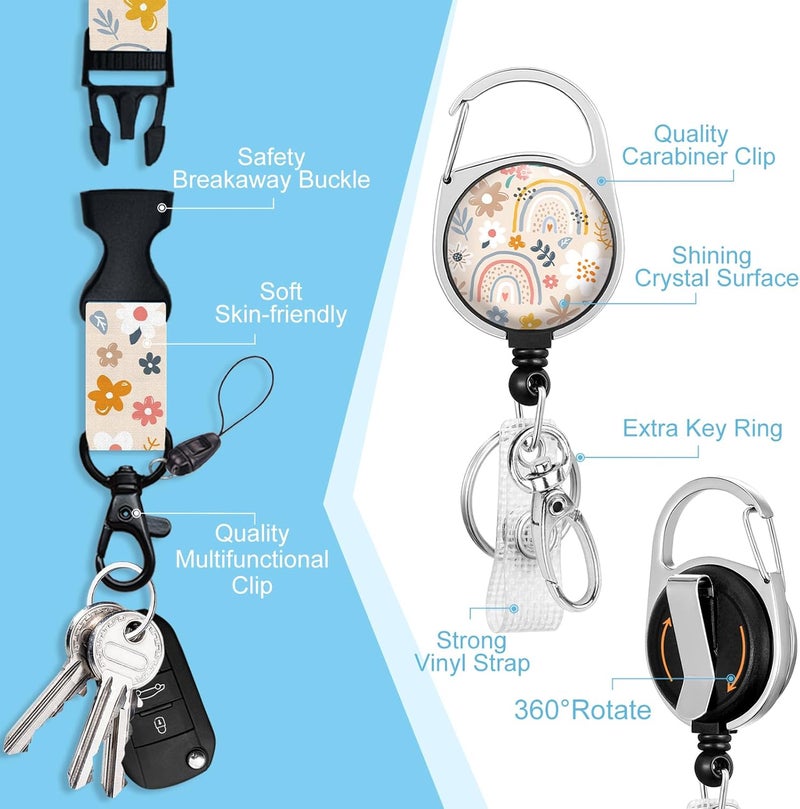 Piefly Lanyards for Id Badges, Boho Flowers Rainbows Badge Holder with Retractable Reel Belt Clip, Cute Work Name Tag Lanyard Vertical ID Card Protector Case for Women Nurse Doctor Teacher Student - Image 4
